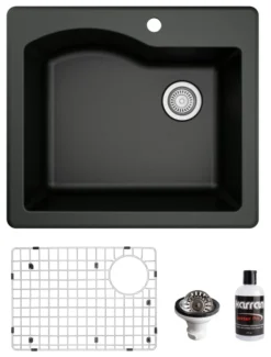 Karran 25" Drop In/Topmount Quartz Composite Kitchen Sink, Black, QT-671-BL-PK1