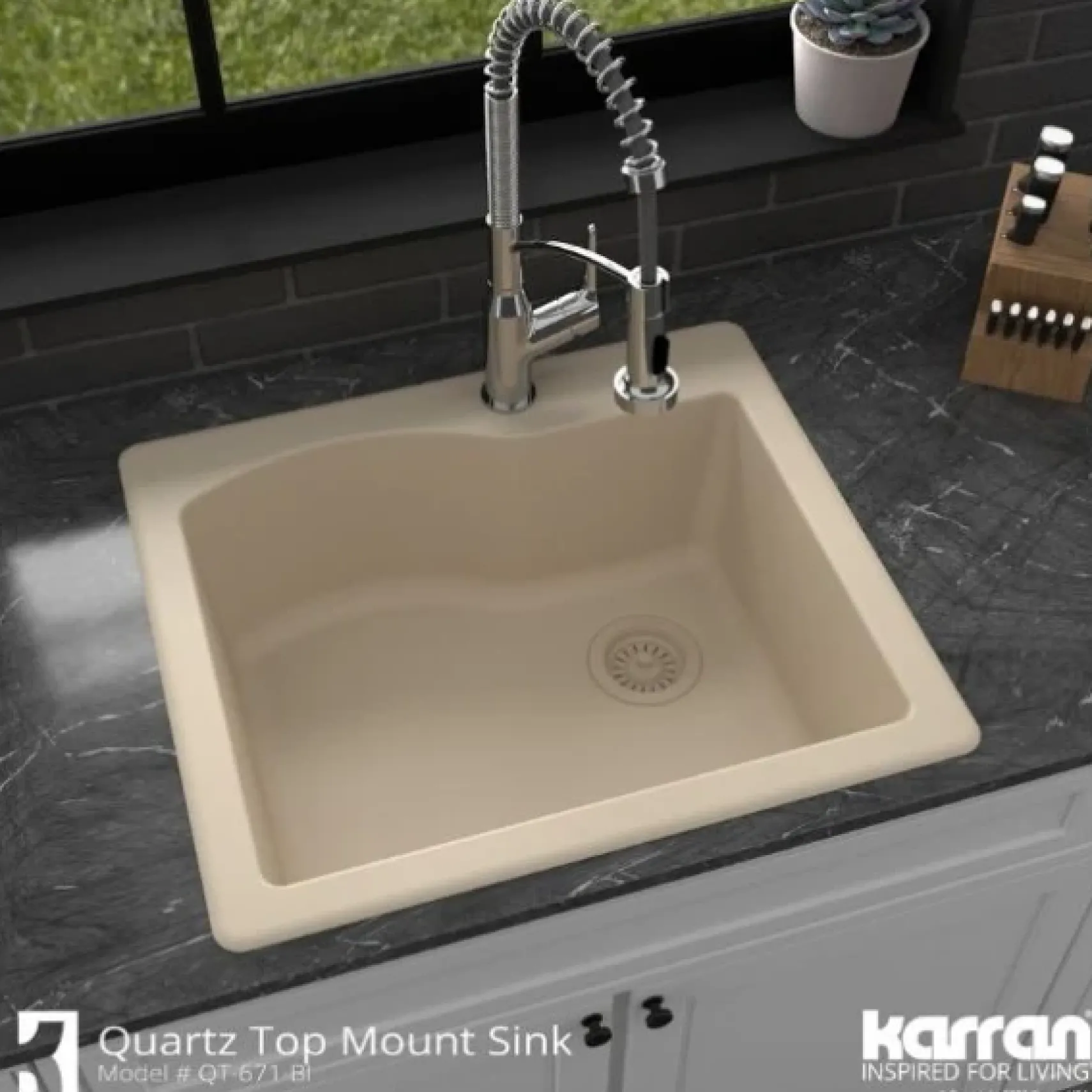 Karran 25" Drop In/Topmount Quartz Composite Kitchen Sink, Bisque, QT-671-BI-PK1