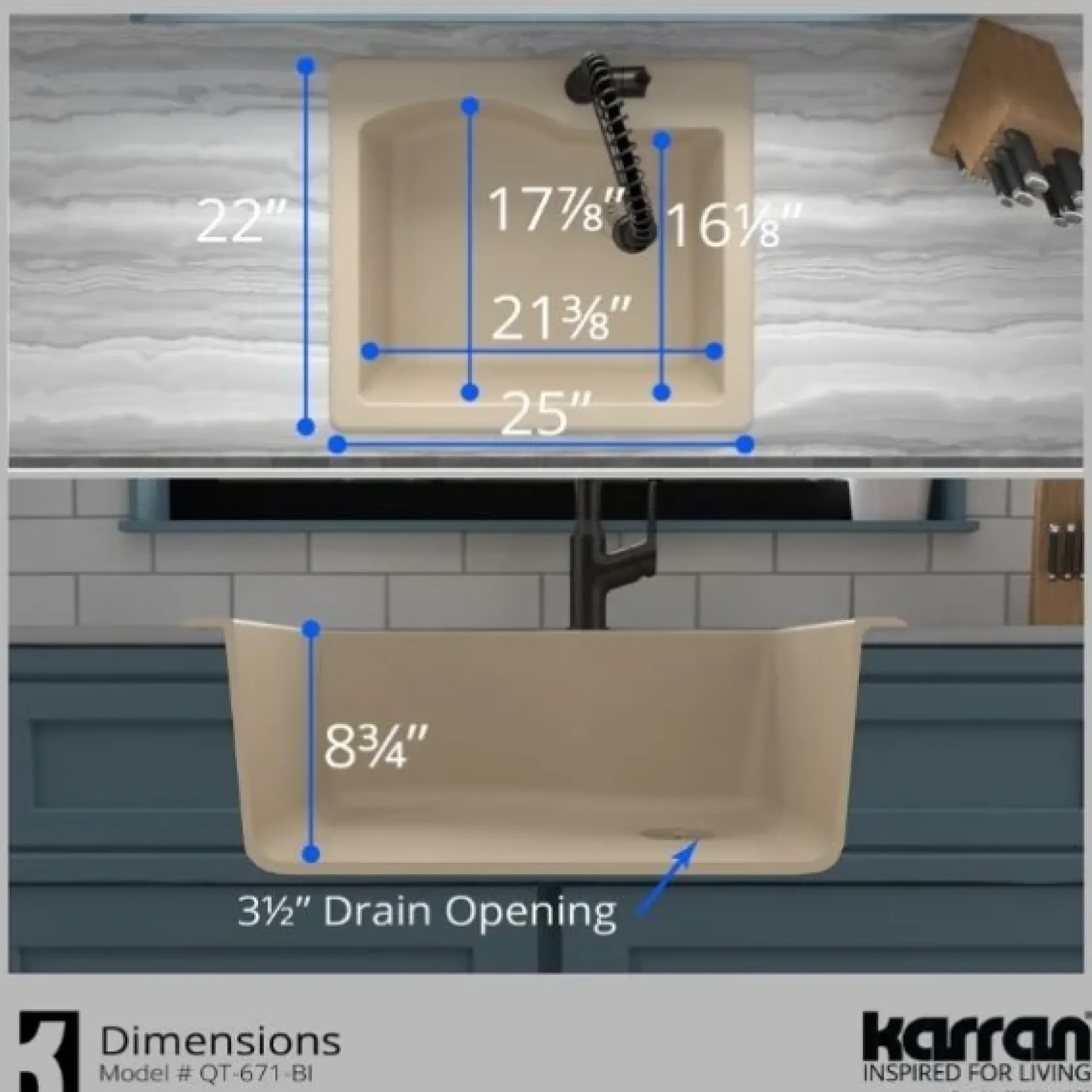 Karran 25" Drop In/Topmount Quartz Composite Kitchen Sink, Bisque, QT-671-BI-PK1