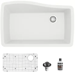 Karran 34" Undermount Quartz Composite Kitchen Sink with Accessories, White, QU-722-WH-PK1