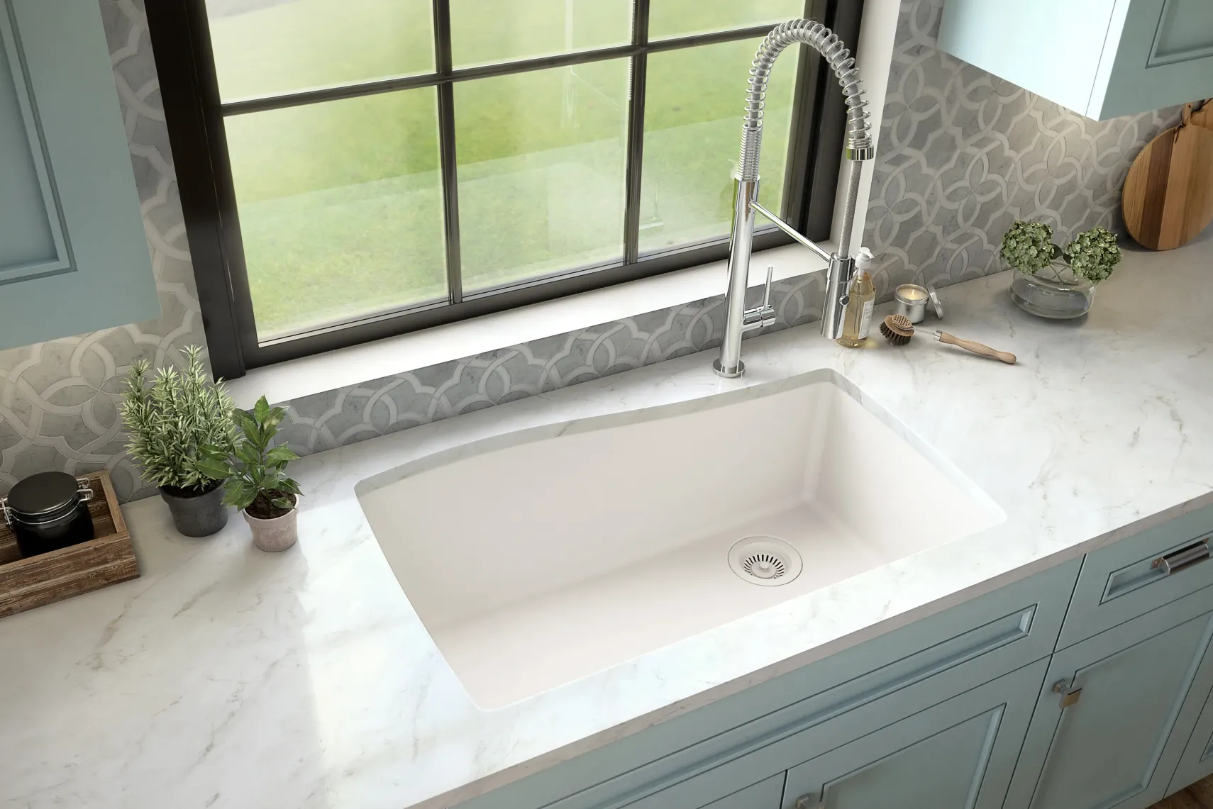 Karran 34" Undermount Quartz Composite Kitchen Sink with Accessories, White, QU-722-WH-PK1