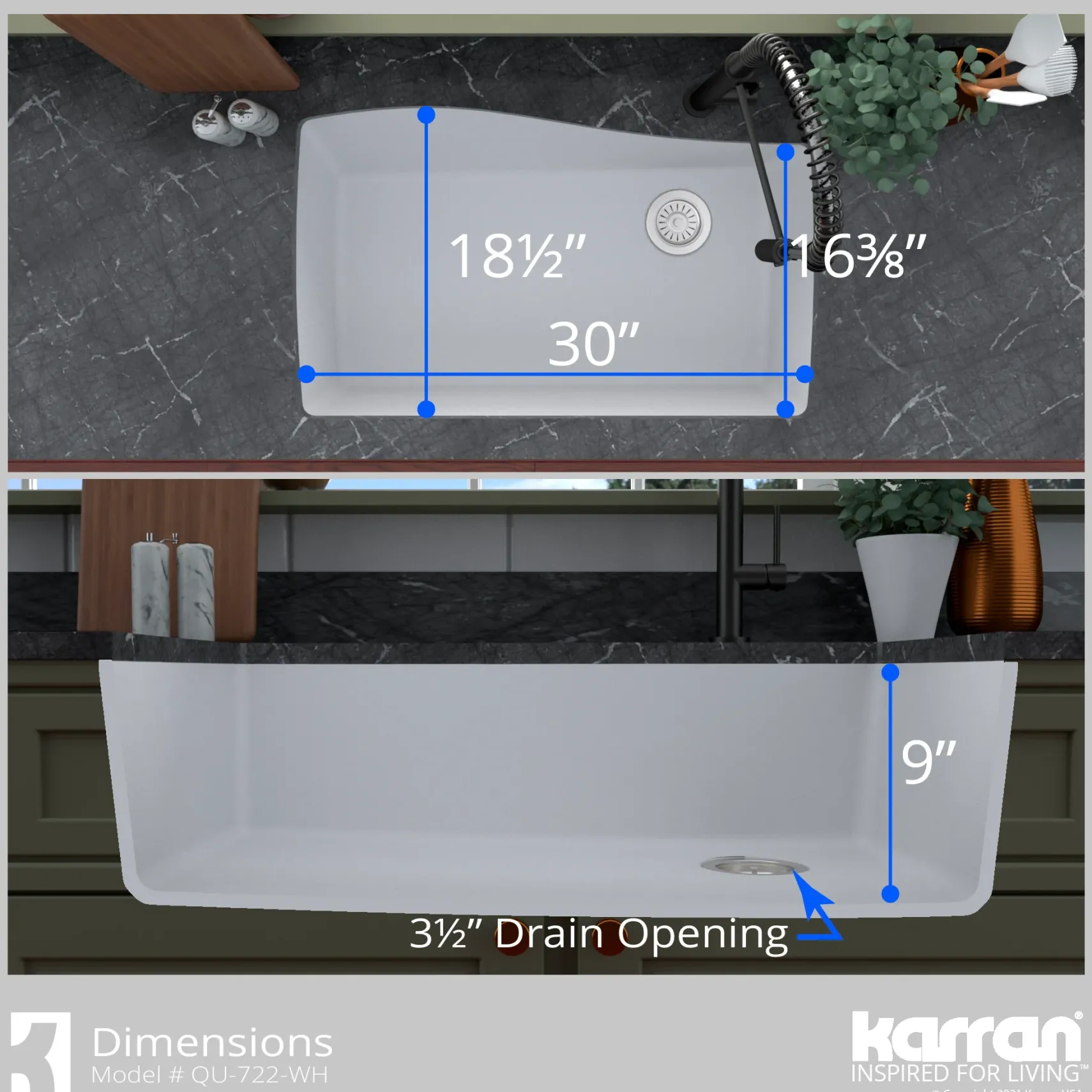 Karran 34" Undermount Quartz Composite Kitchen Sink with Accessories, White, QU-722-WH-PK1