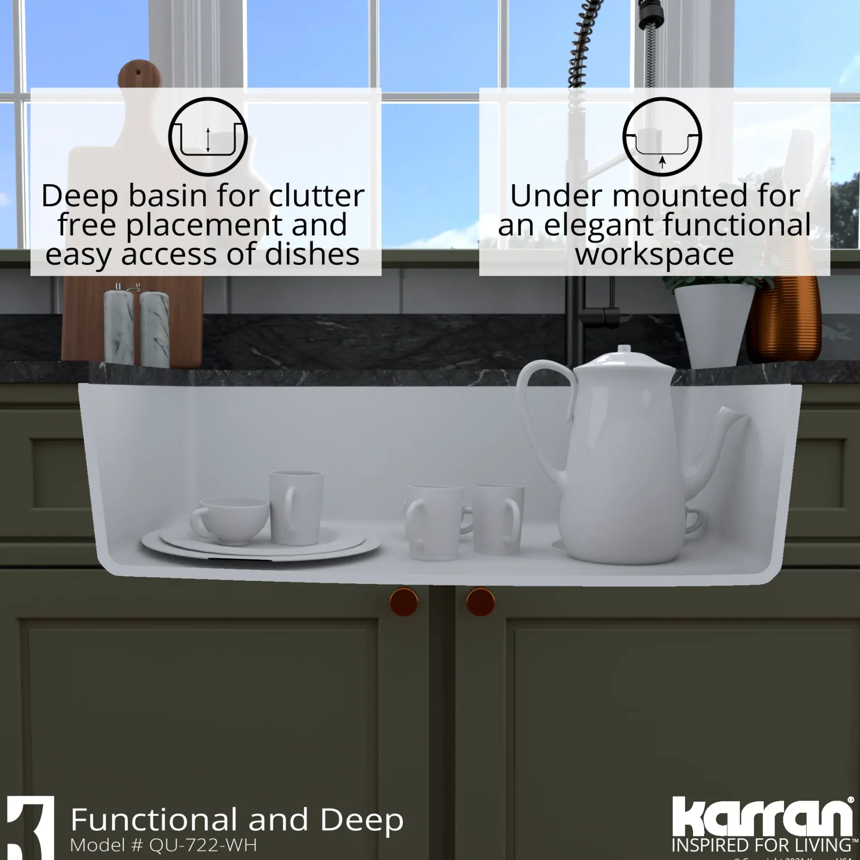 Karran 34" Undermount Quartz Composite Kitchen Sink with Accessories, White, QU-722-WH-PK1
