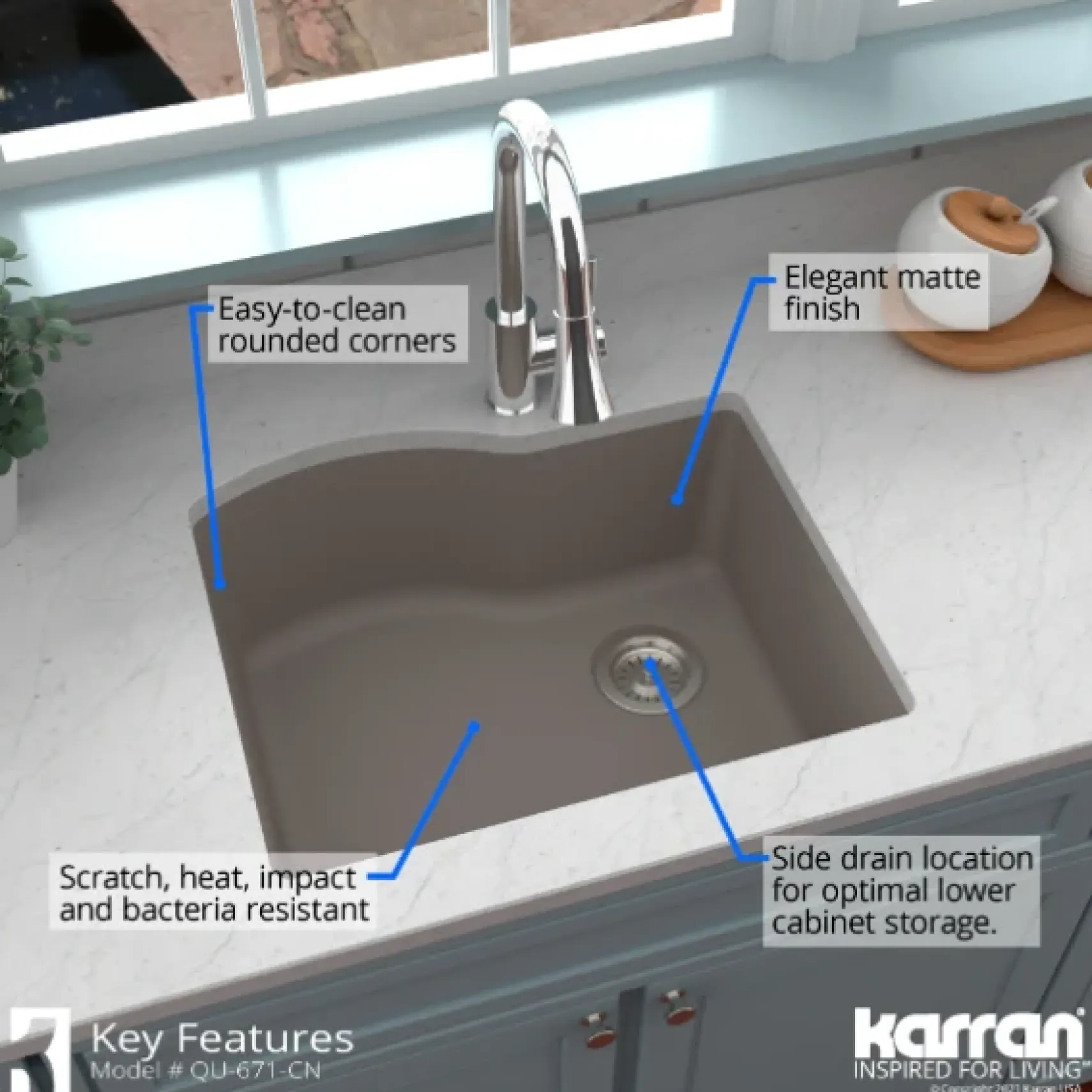 Karran 24" Undermount Quartz Composite Kitchen Sink, Concrete, QU-671-CN