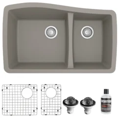 Karran 34" Undermount Quartz Composite Kitchen Sink with Accessories, 60/40 Double Bowl, Concrete, QU-721-CN-PK1