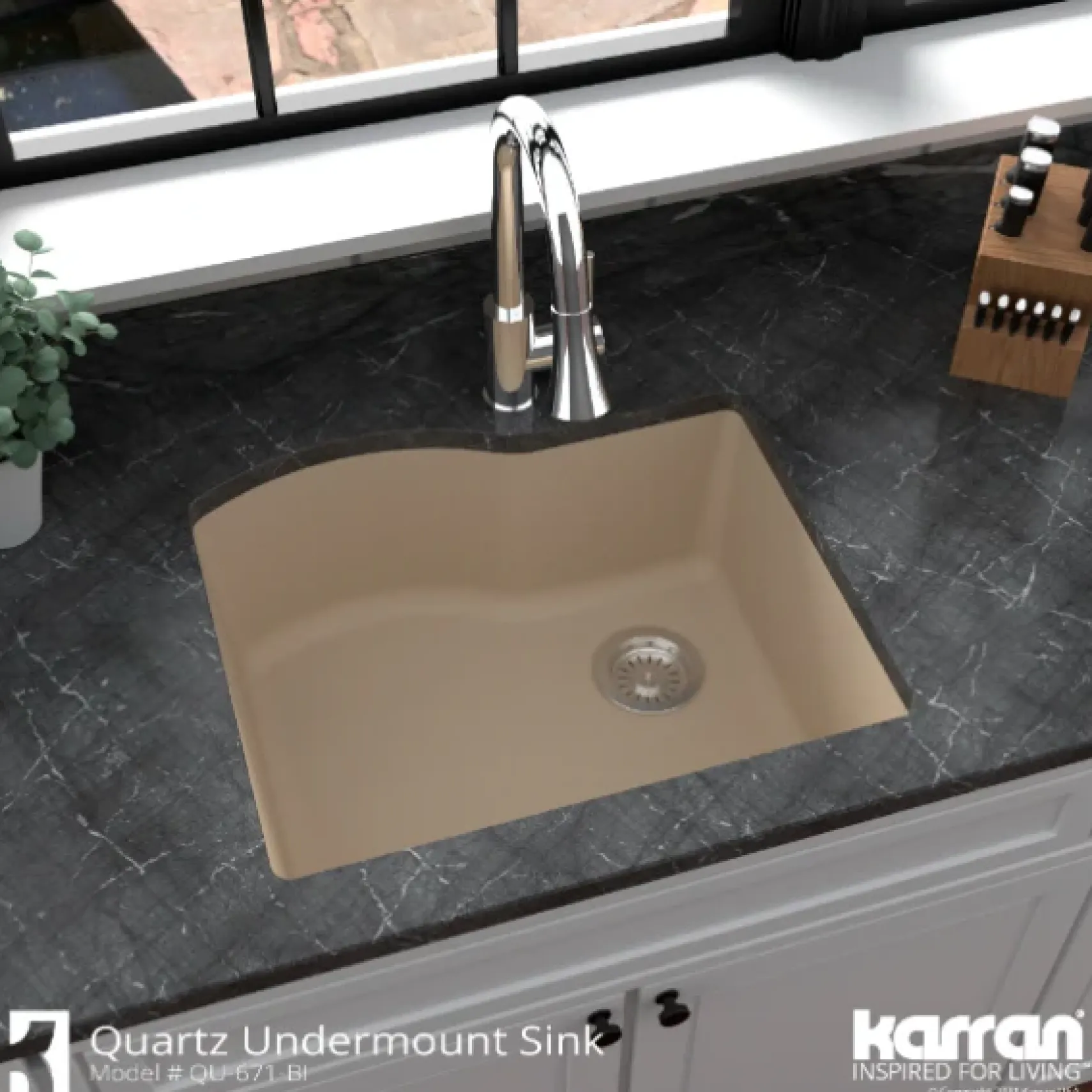 Karran 24" Undermount Quartz Composite Kitchen Sink, Bisque, QU-671-BI-PK1