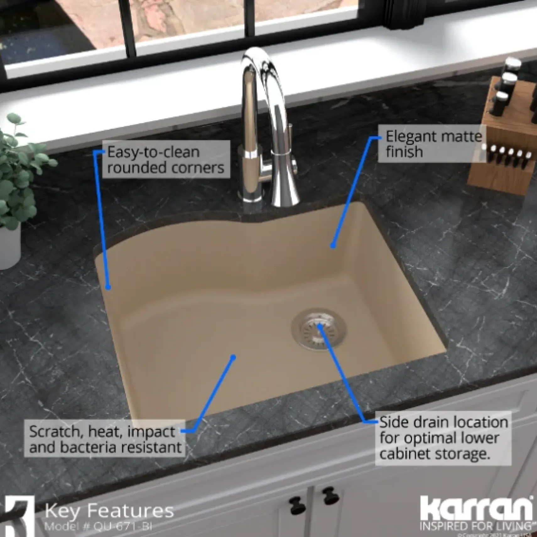 Karran 24" Undermount Quartz Composite Kitchen Sink, Bisque, QU-671-BI-PK1