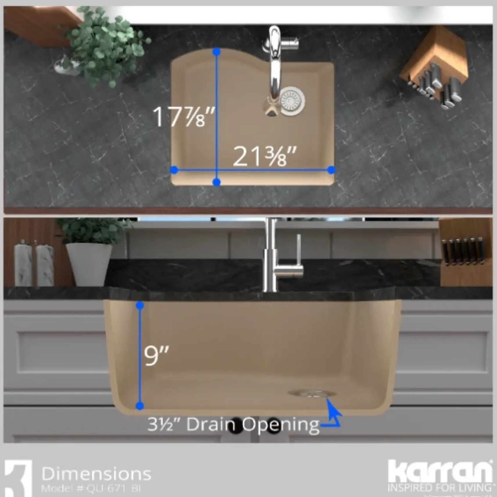 Karran 24" Undermount Quartz Composite Kitchen Sink, Bisque, QU-671-BI-PK1