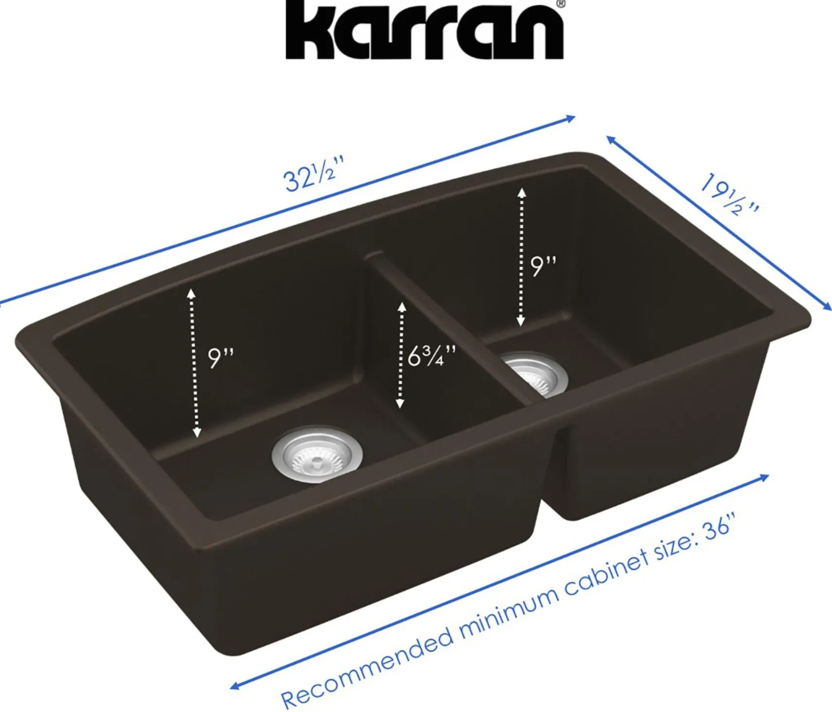 Karran 32" Undermount Quartz Composite Kitchen Sink, 60/40 Double Bowl, Brown, QU-711-BR-PK1