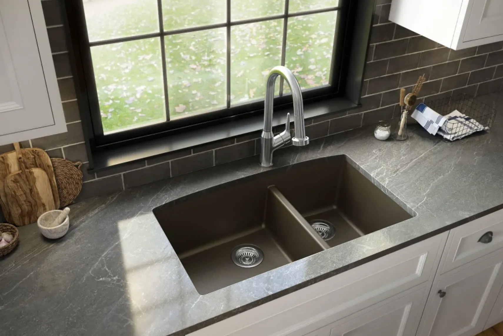Karran 32" Undermount Quartz Composite Kitchen Sink, 60/40 Double Bowl, Brown, QU-711-BR-PK1