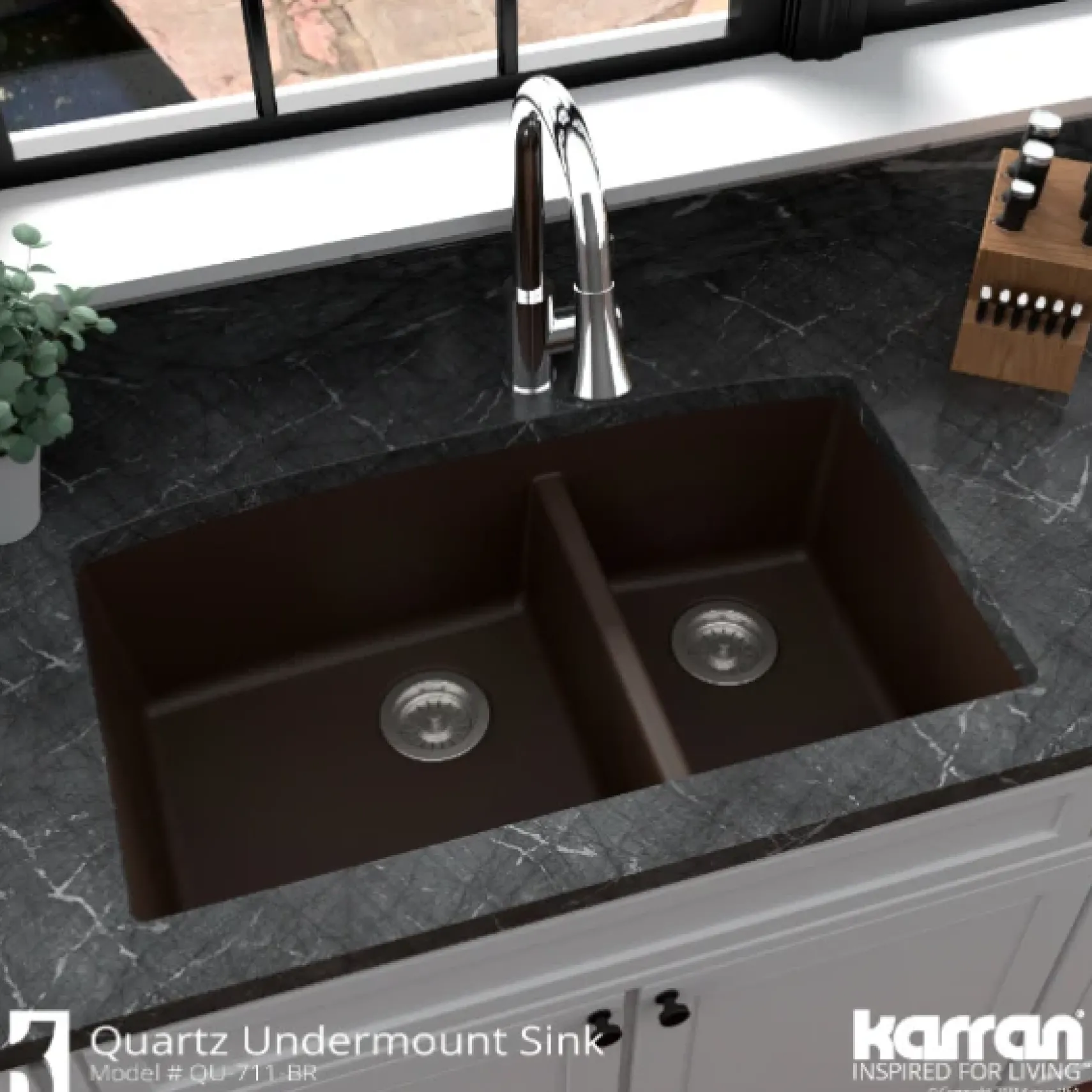 Karran 32" Undermount Quartz Composite Kitchen Sink, 60/40 Double Bowl, Brown, QU-711-BR-PK1