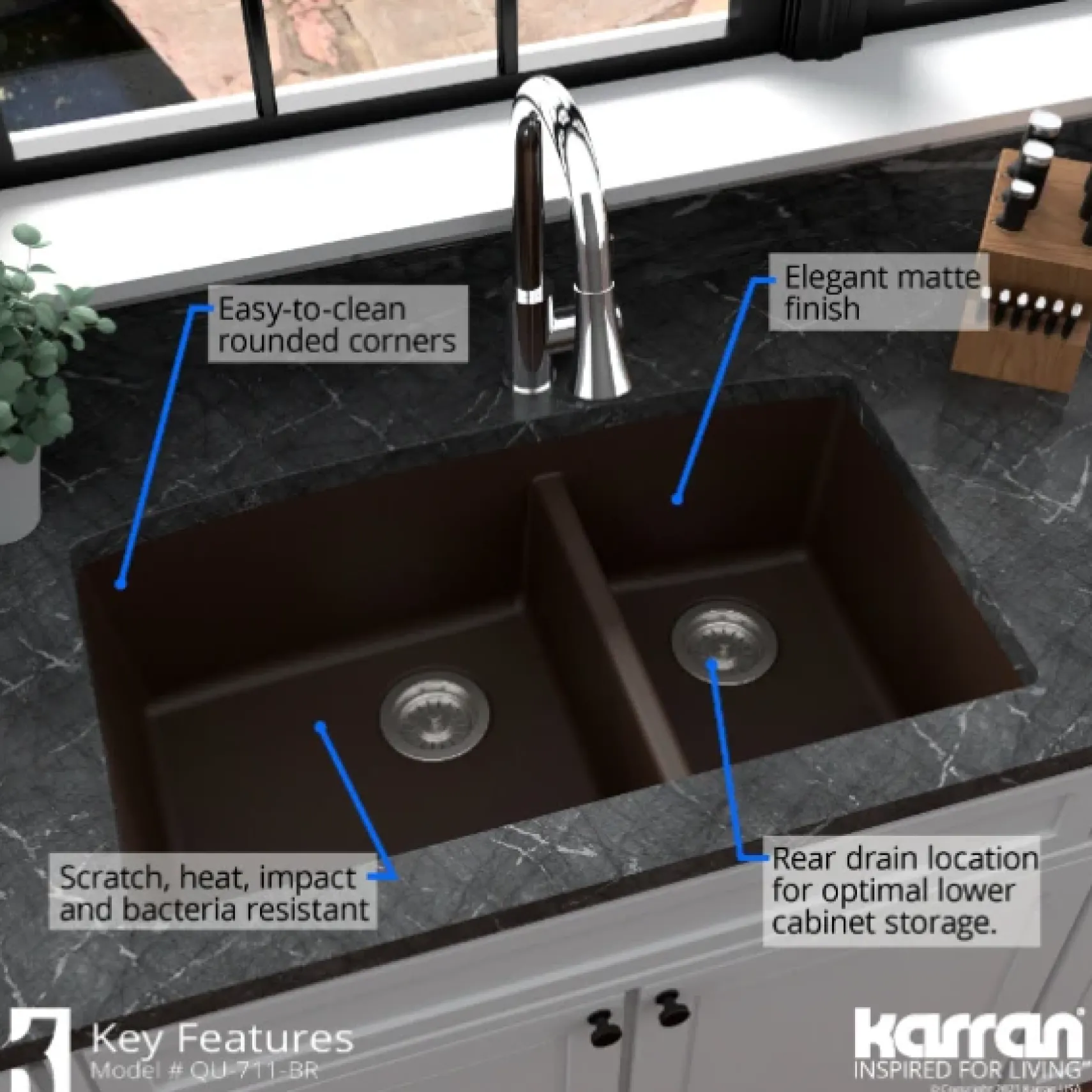 Karran 32" Undermount Quartz Composite Kitchen Sink, 60/40 Double Bowl, Brown, QU-711-BR-PK1