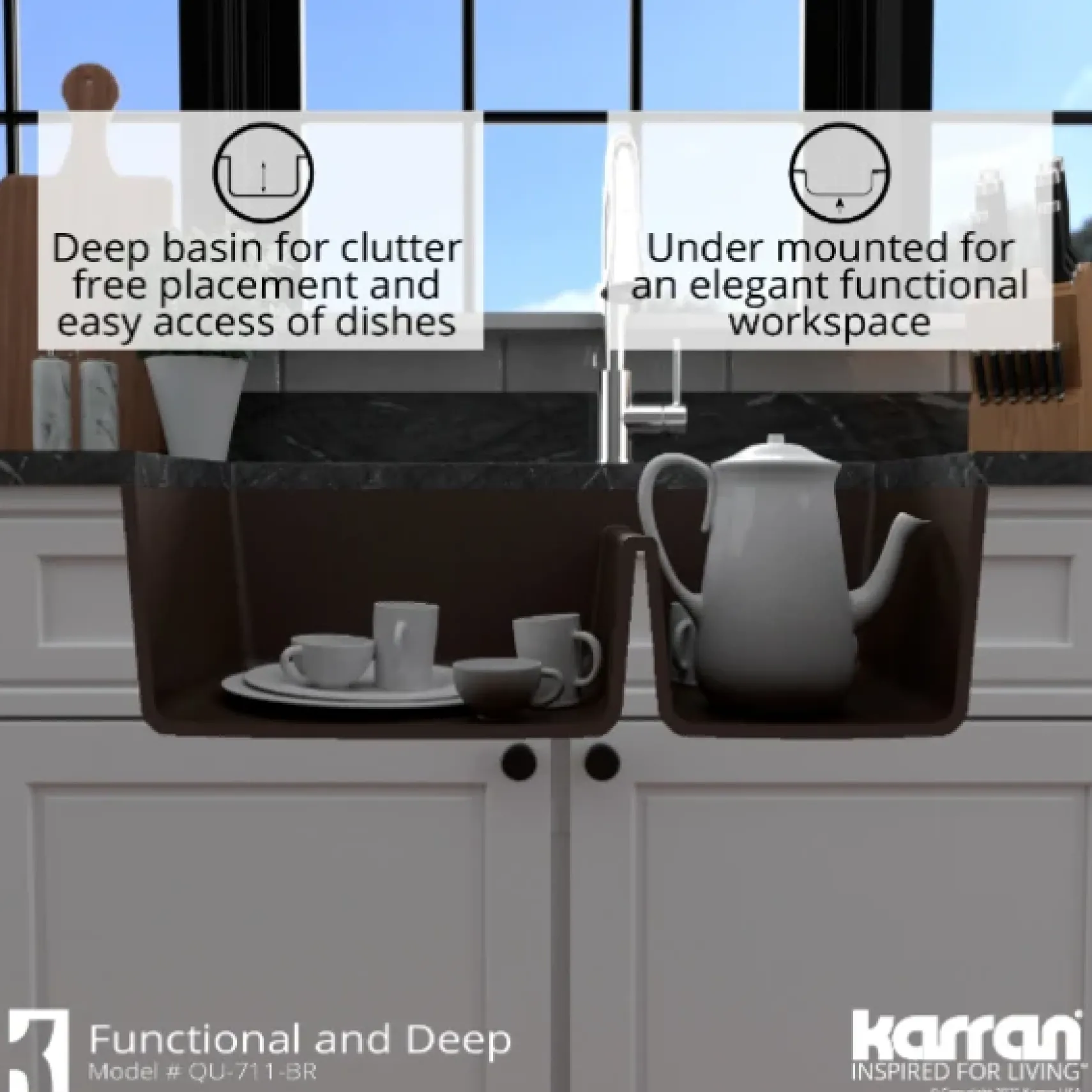 Karran 32" Undermount Quartz Composite Kitchen Sink, 60/40 Double Bowl, Brown, QU-711-BR-PK1