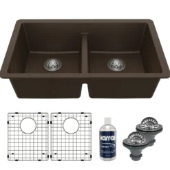 Karran 32" Undermount Quartz Composite Kitchen Sink with Accessories, 50/50 Double Bowl, Brown, QU-810-BR-PK1