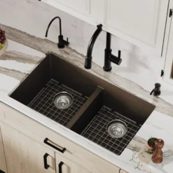 Karran 32" Undermount Quartz Composite Kitchen Sink with Accessories, 50/50 Double Bowl, Brown, QU-810-BR-PK1