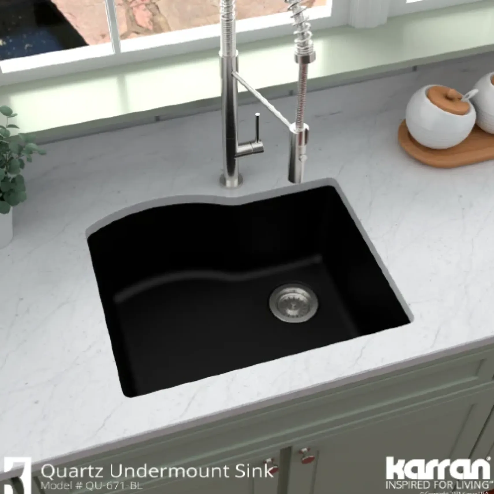 Karran 24" Undermount Quartz Composite Kitchen Sink, Black, QU-671-BL