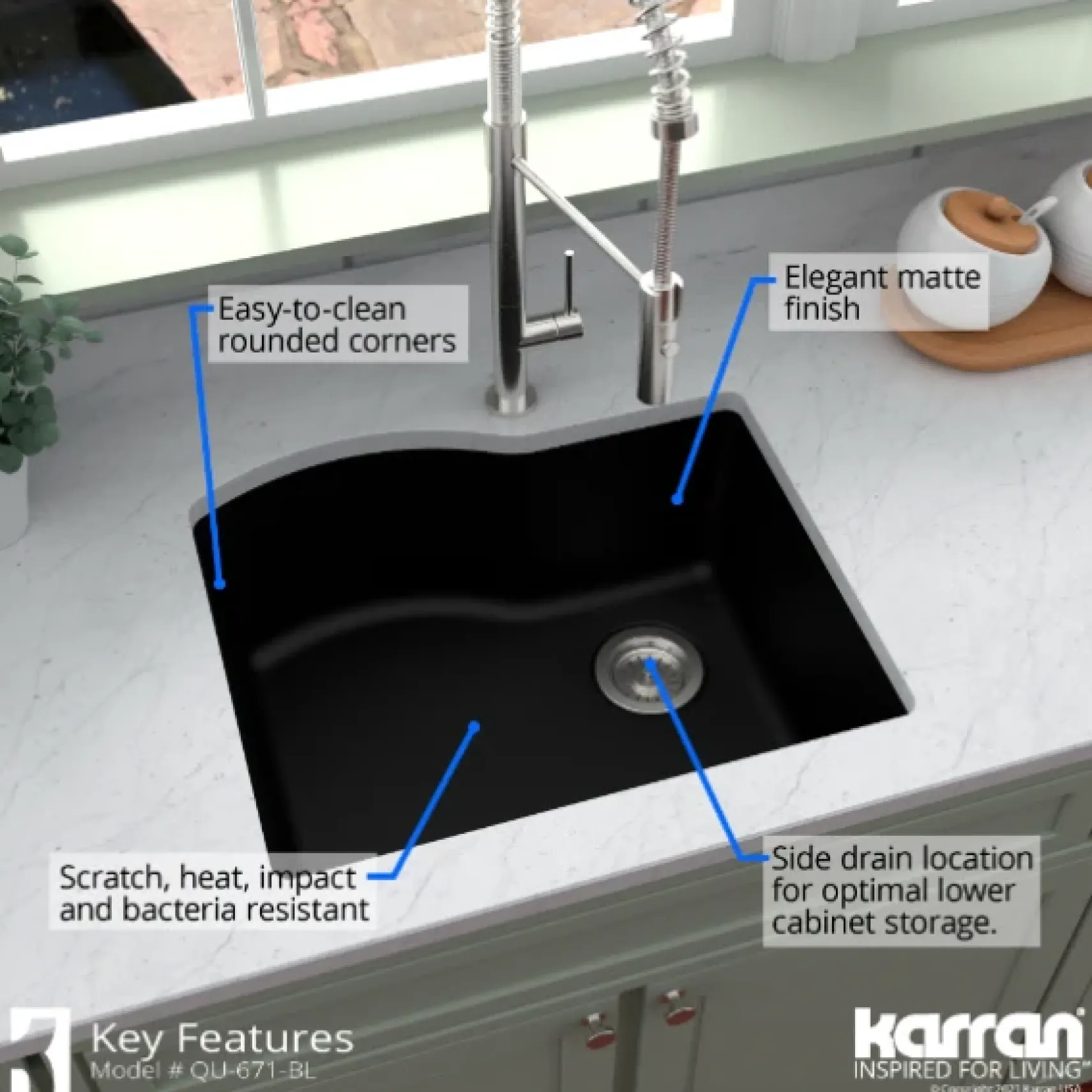 Karran 24" Undermount Quartz Composite Kitchen Sink, Black, QU-671-BL