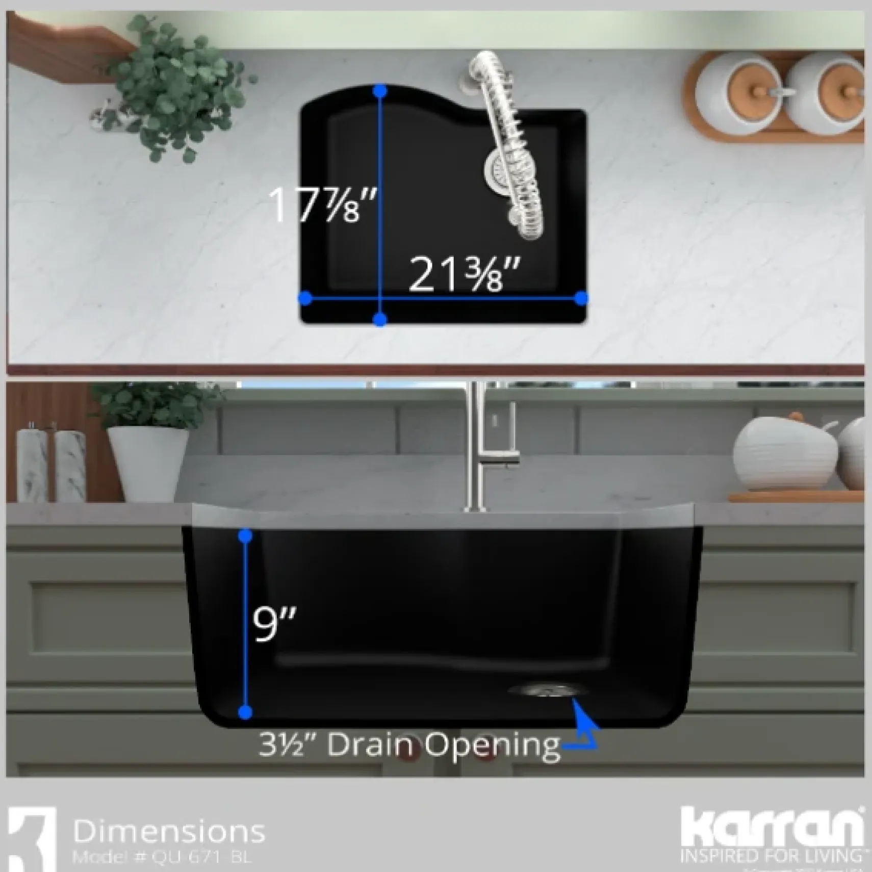 Karran 24" Undermount Quartz Composite Kitchen Sink, Black, QU-671-BL