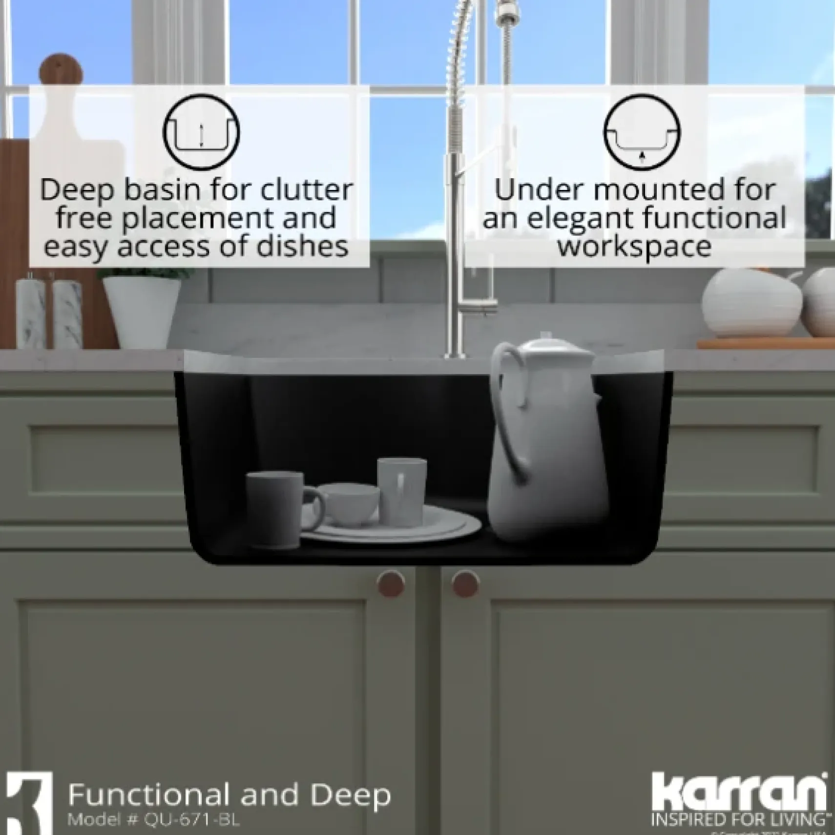 Karran 24" Undermount Quartz Composite Kitchen Sink, Black, QU-671-BL