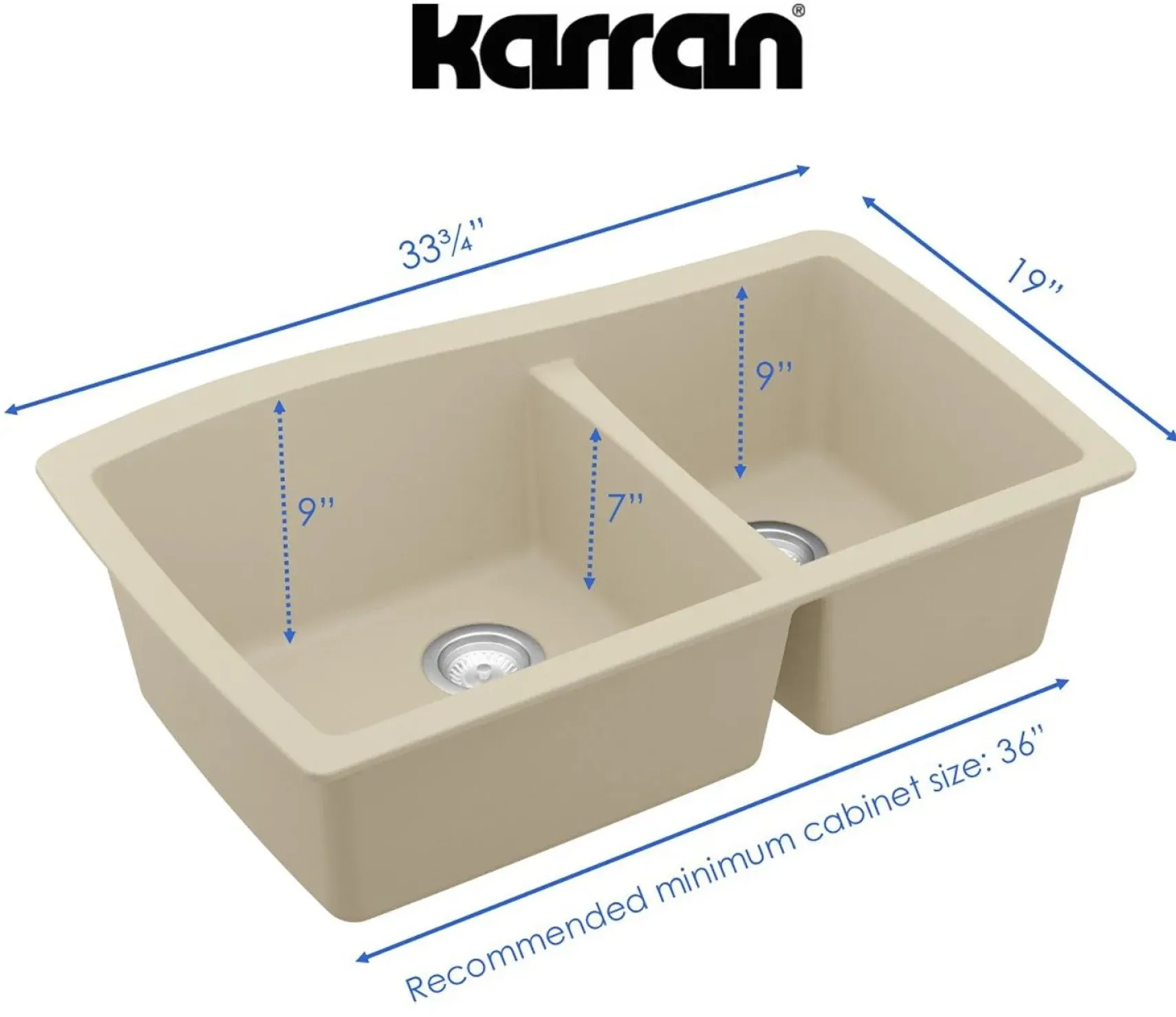 Karran 34" Undermount Quartz Composite Kitchen Sink, 60/40 Double Bowl, Bisque, QU-721-BI