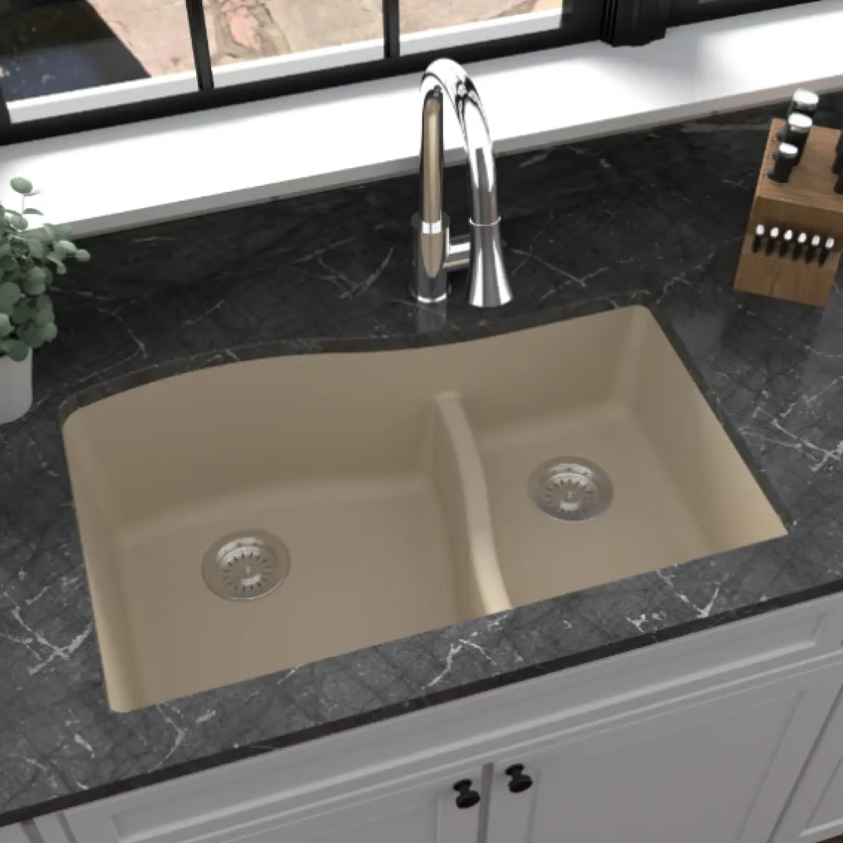 Karran 32" Undermount Quartz Composite Kitchen Sink, 60/40 Double Bowl, Bisque, QU-630-BI