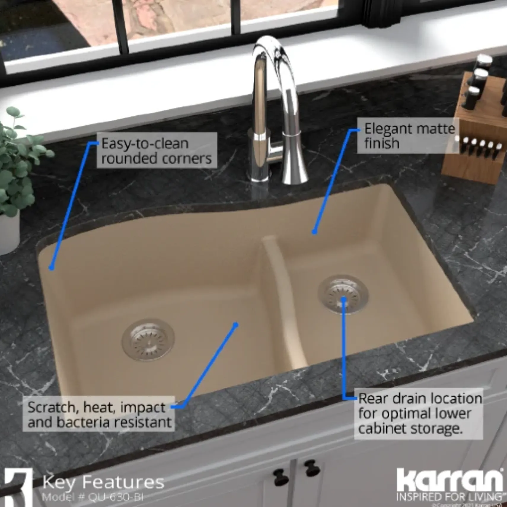 Karran 32" Undermount Quartz Composite Kitchen Sink, 60/40 Double Bowl, Bisque, QU-630-BI