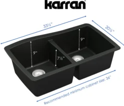 Karran 34" Undermount Quartz Composite Kitchen Sink, 50/50 Double Bowl, Black, QU-720-BL