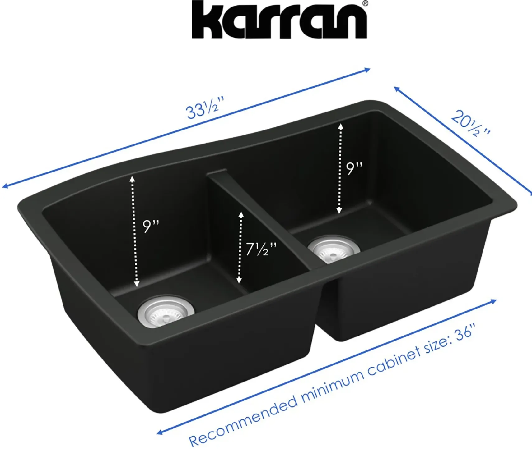 Karran 34" Undermount Quartz Composite Kitchen Sink, 50/50 Double Bowl, Black, QU-720-BL