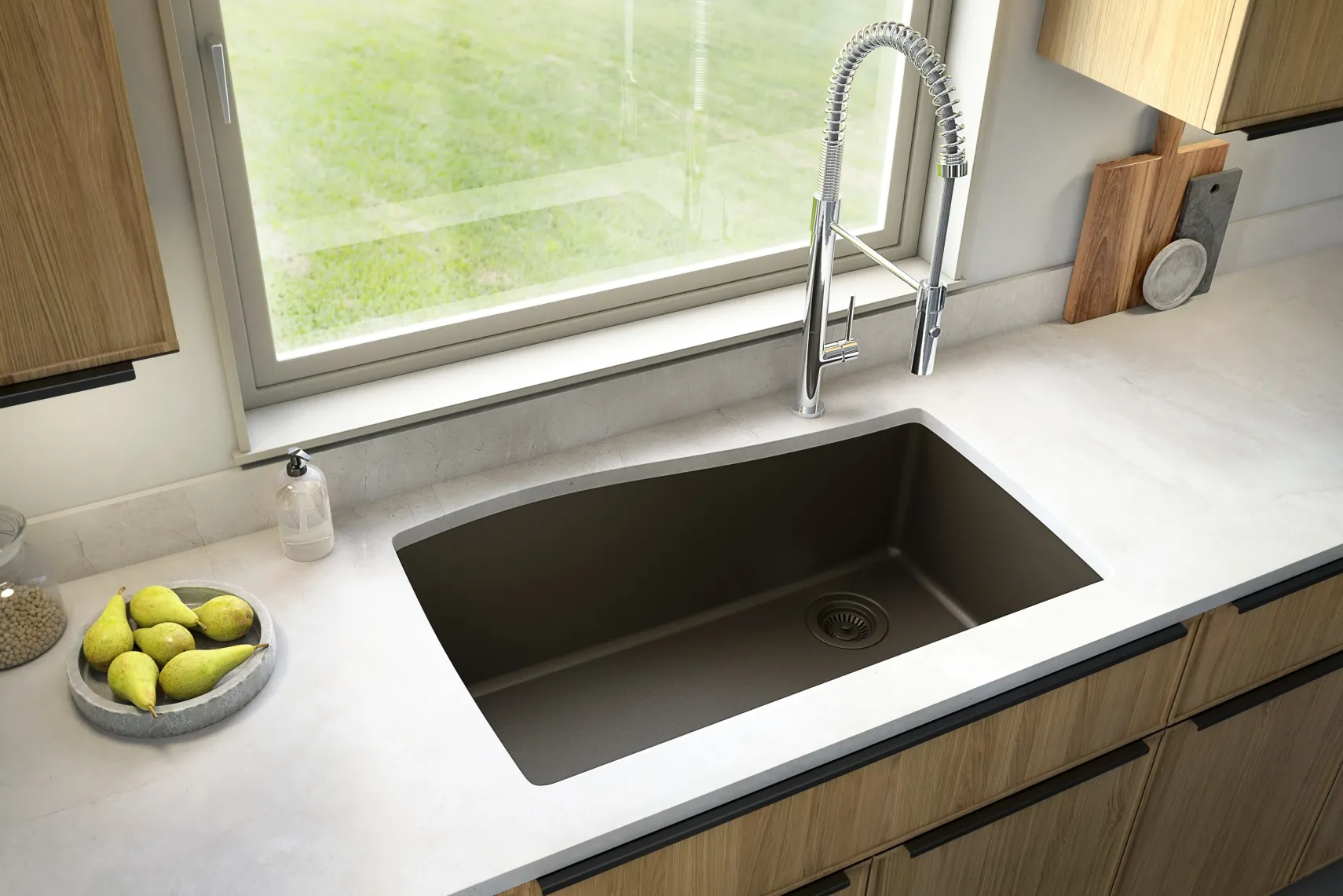 Karran 34" Undermount Quartz Composite Kitchen Sink with Accessories, Brown, QU-722-BR-PK1