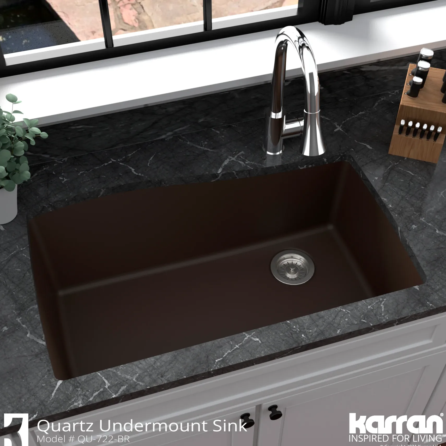 Karran 34" Undermount Quartz Composite Kitchen Sink with Accessories, Brown, QU-722-BR-PK1