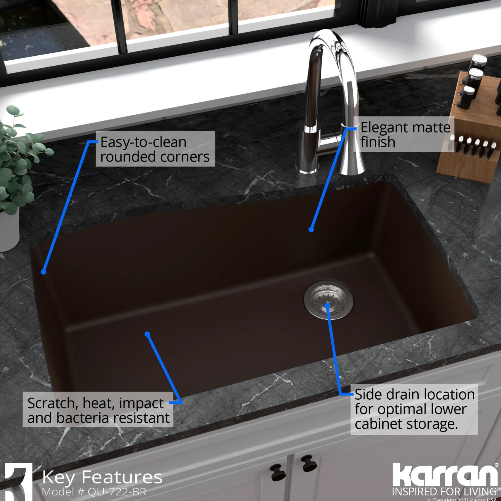 Karran 34" Undermount Quartz Composite Kitchen Sink with Accessories, Brown, QU-722-BR-PK1