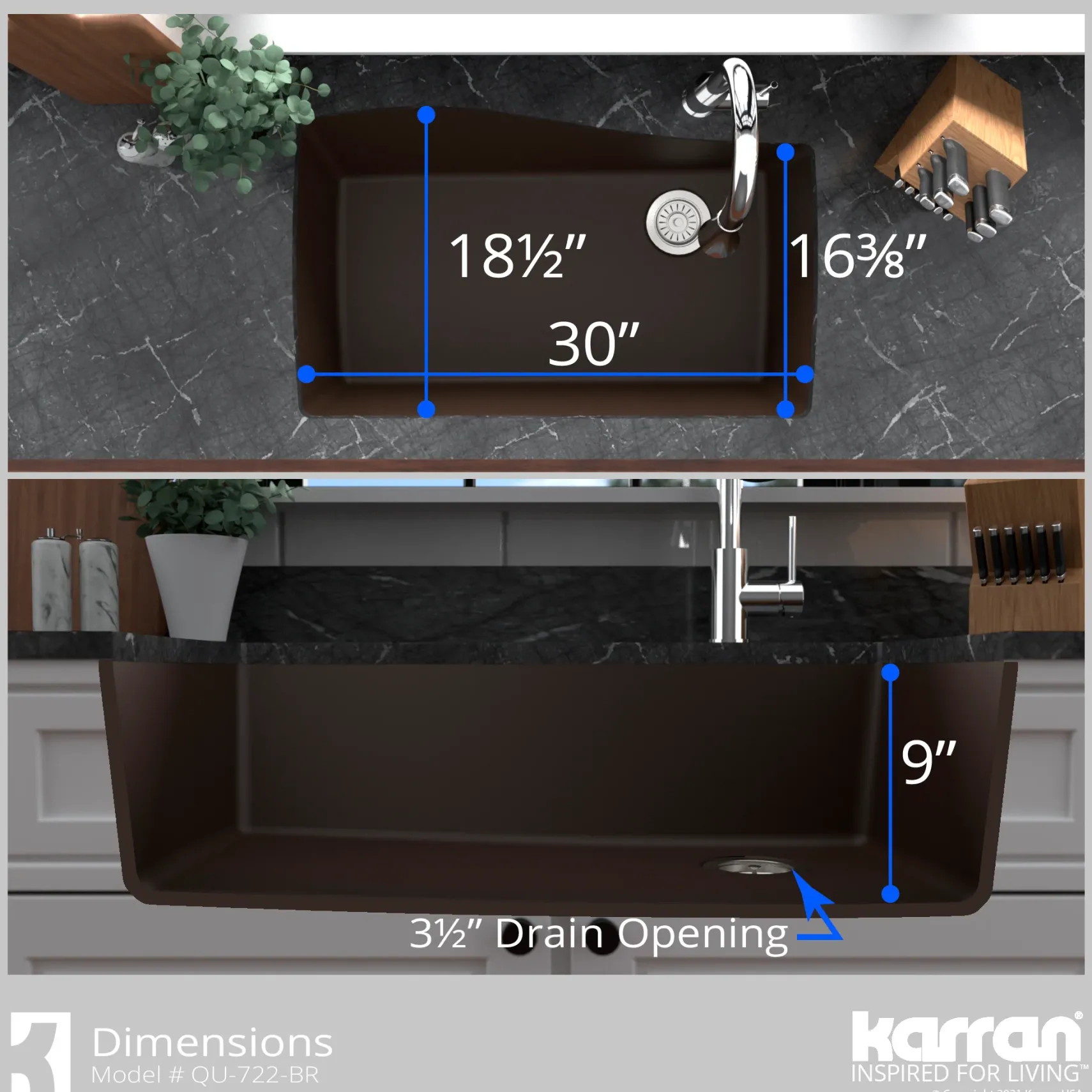 Karran 34" Undermount Quartz Composite Kitchen Sink with Accessories, Brown, QU-722-BR-PK1