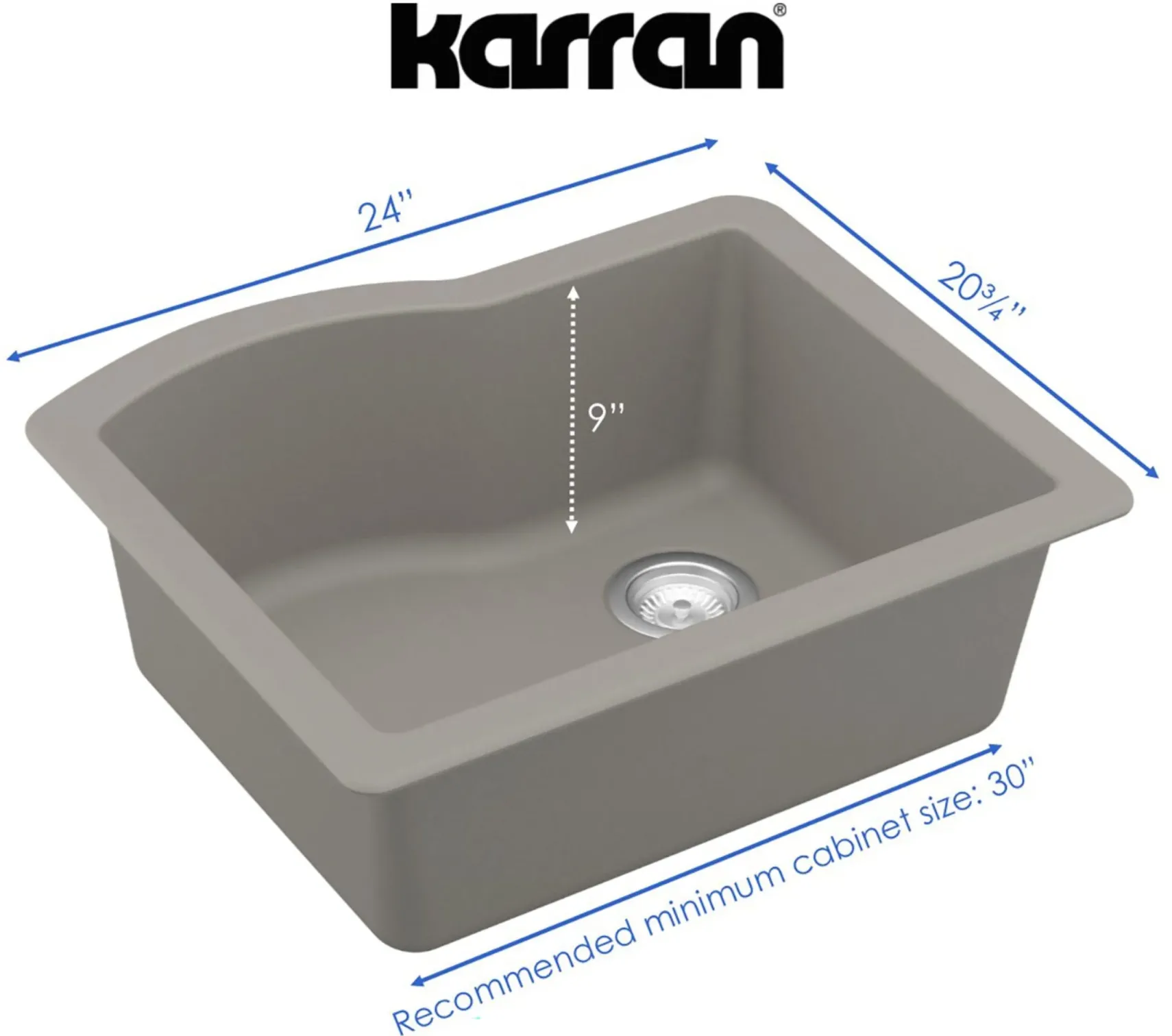 Karran 24" Undermount Quartz Composite Kitchen Sink, Concrete, QU-671-CN-PK1