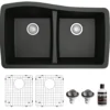 Karran 34" Undermount Quartz Composite Kitchen Sink with Accessories, 50/50 Double Bowl, Black, QU-720-BL-PK1