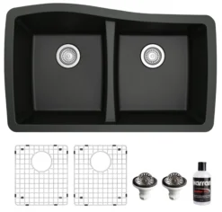 Karran 34" Undermount Quartz Composite Kitchen Sink with Accessories, 50/50 Double Bowl, Black, QU-720-BL-PK1