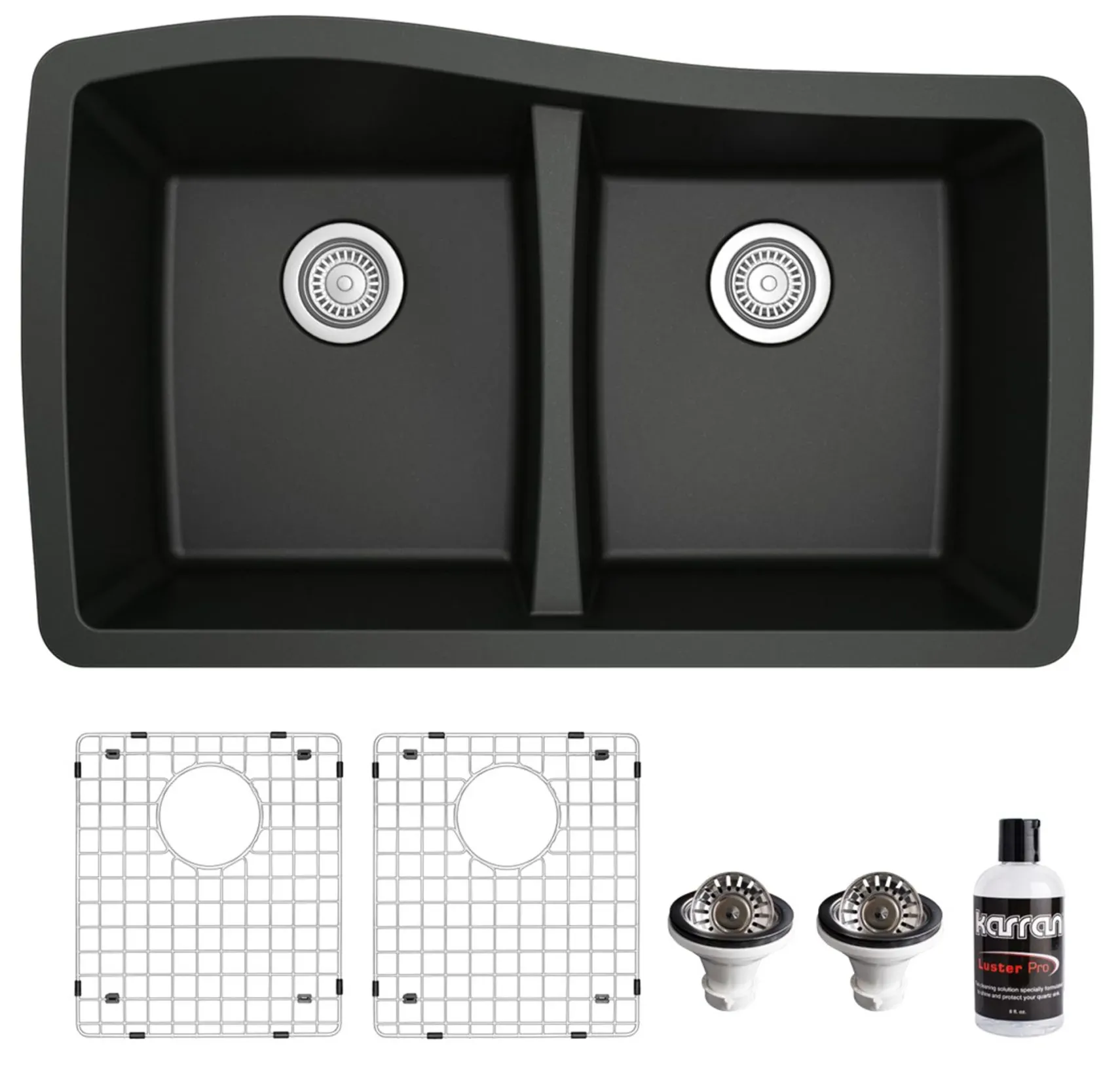 Karran 34" Undermount Quartz Composite Kitchen Sink with Accessories, 50/50 Double Bowl, Black, QU-720-BL-PK1