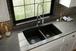 Karran 34" Undermount Quartz Composite Kitchen Sink with Accessories, 50/50 Double Bowl, Black, QU-720-BL-PK1