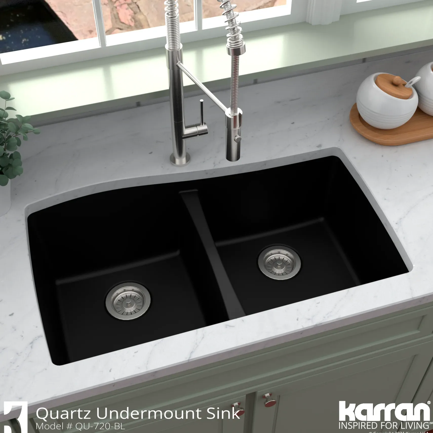 Karran 34" Undermount Quartz Composite Kitchen Sink with Accessories, 50/50 Double Bowl, Black, QU-720-BL-PK1