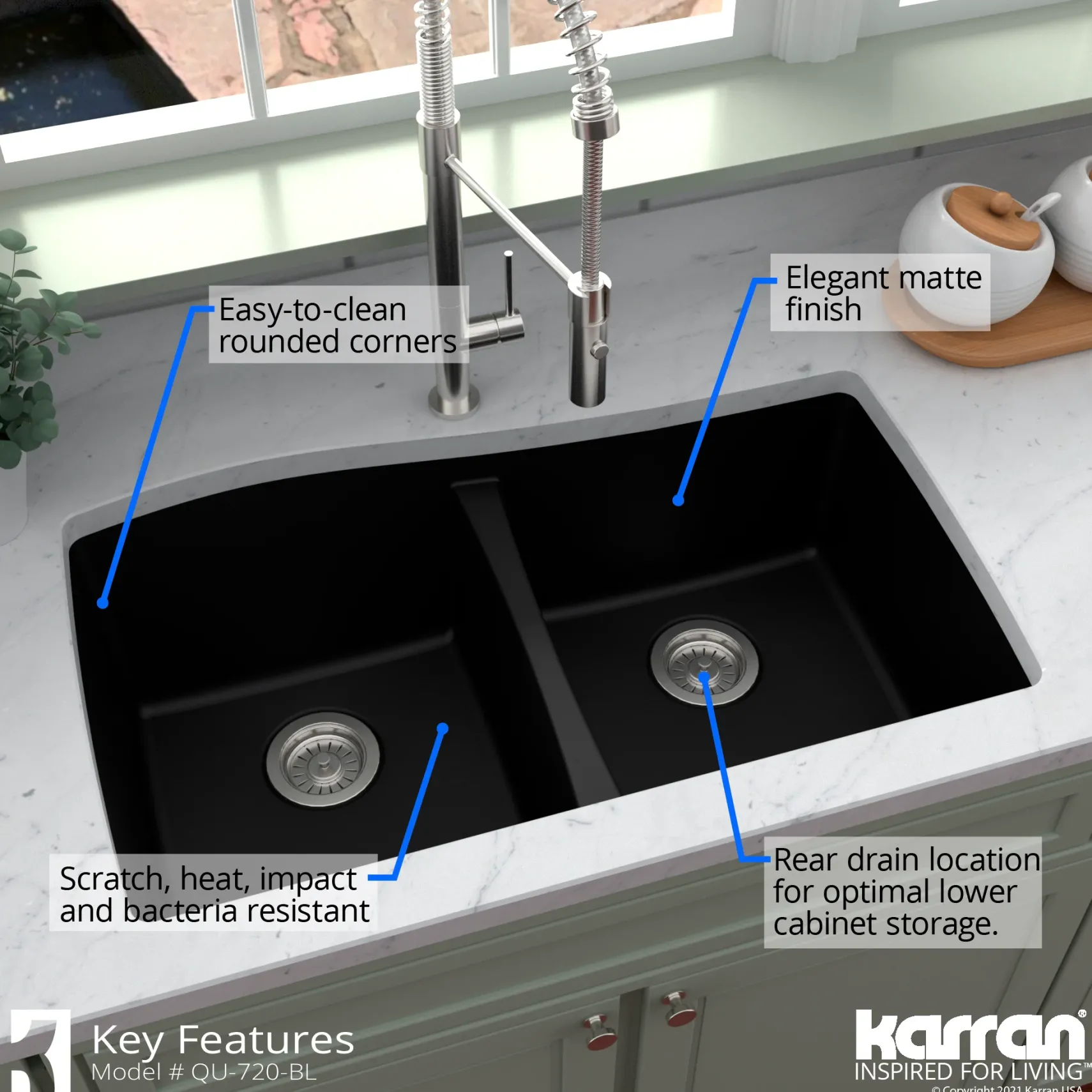 Karran 34" Undermount Quartz Composite Kitchen Sink with Accessories, 50/50 Double Bowl, Black, QU-720-BL-PK1