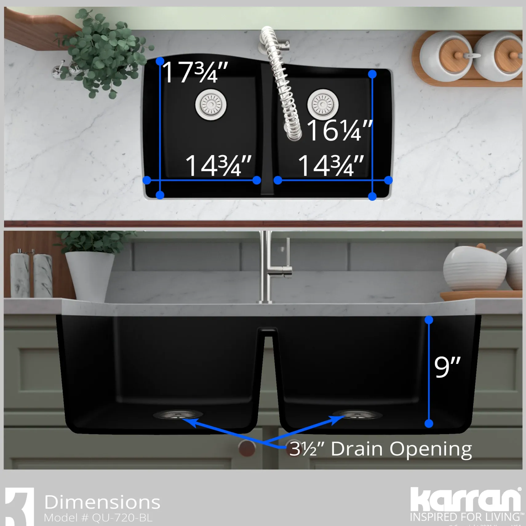 Karran 34" Undermount Quartz Composite Kitchen Sink with Accessories, 50/50 Double Bowl, Black, QU-720-BL-PK1