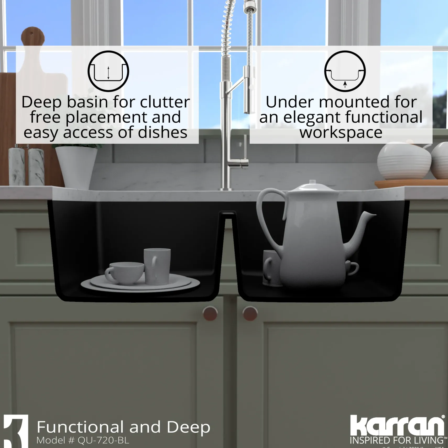 Karran 34" Undermount Quartz Composite Kitchen Sink with Accessories, 50/50 Double Bowl, Black, QU-720-BL-PK1