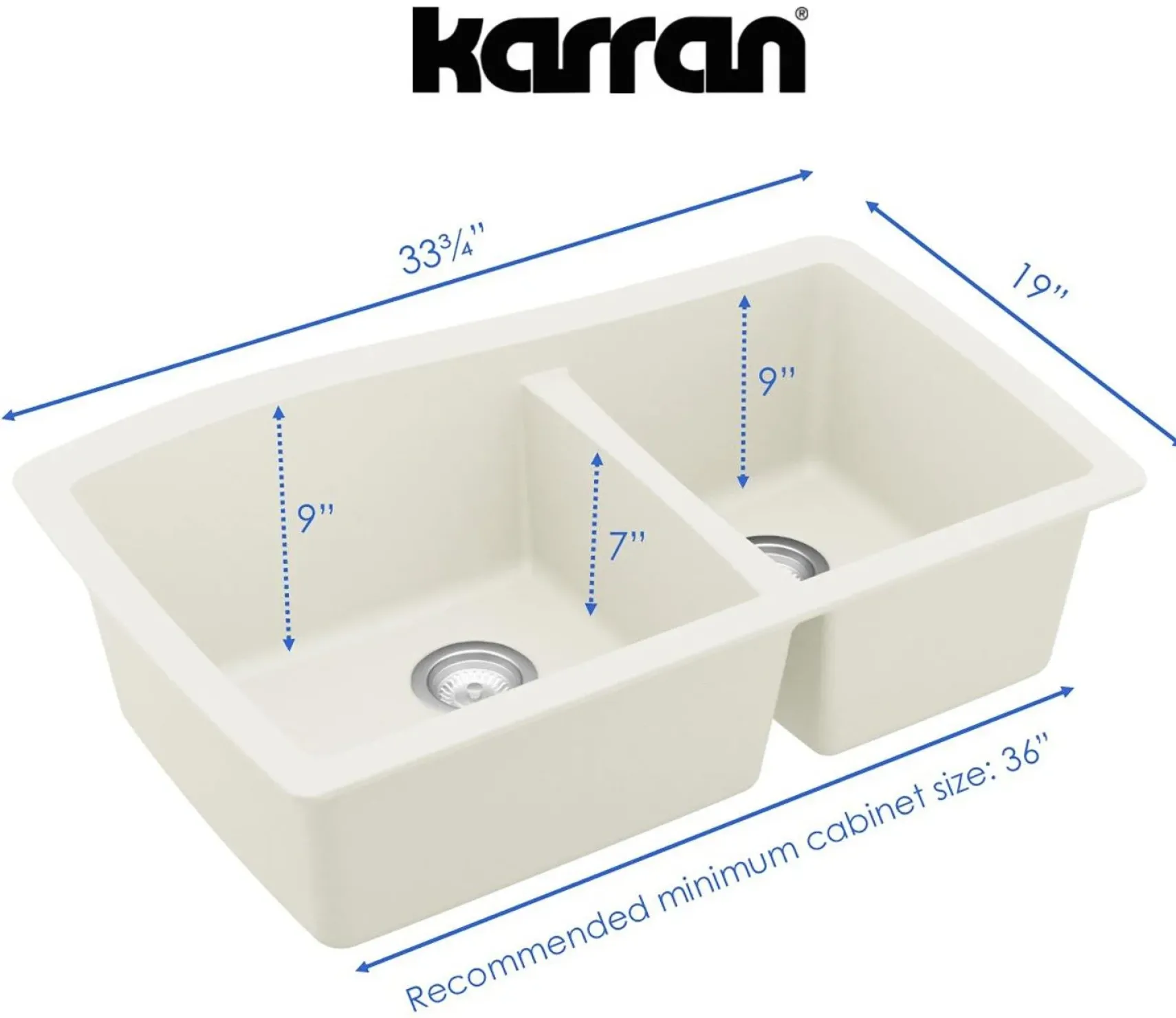 Karran 34" Undermount Quartz Composite Kitchen Sink, 60/40 Double Bowl, White, QU-721-WH