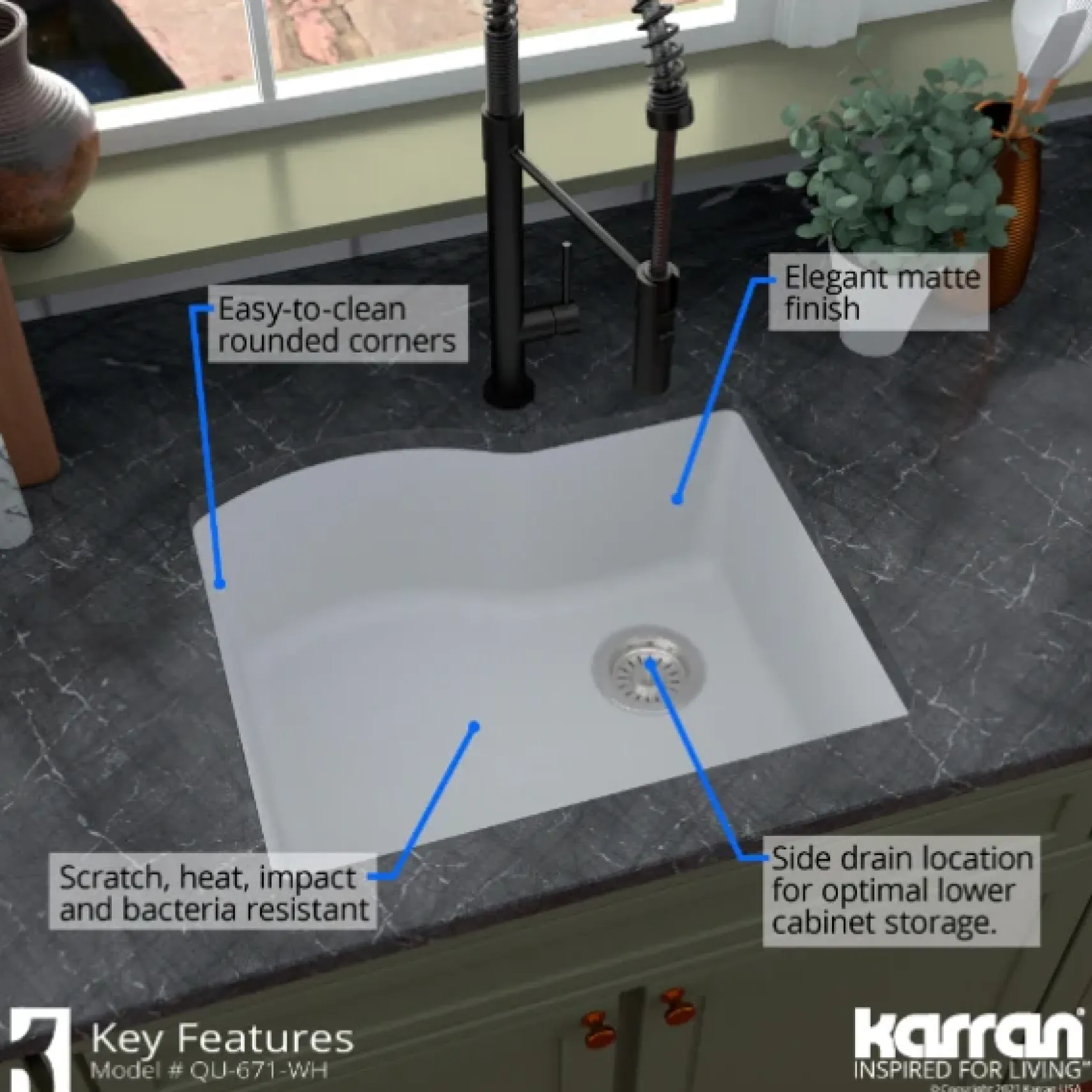Karran 24" Undermount Quartz Composite Kitchen Sink, White, QU-671-WH