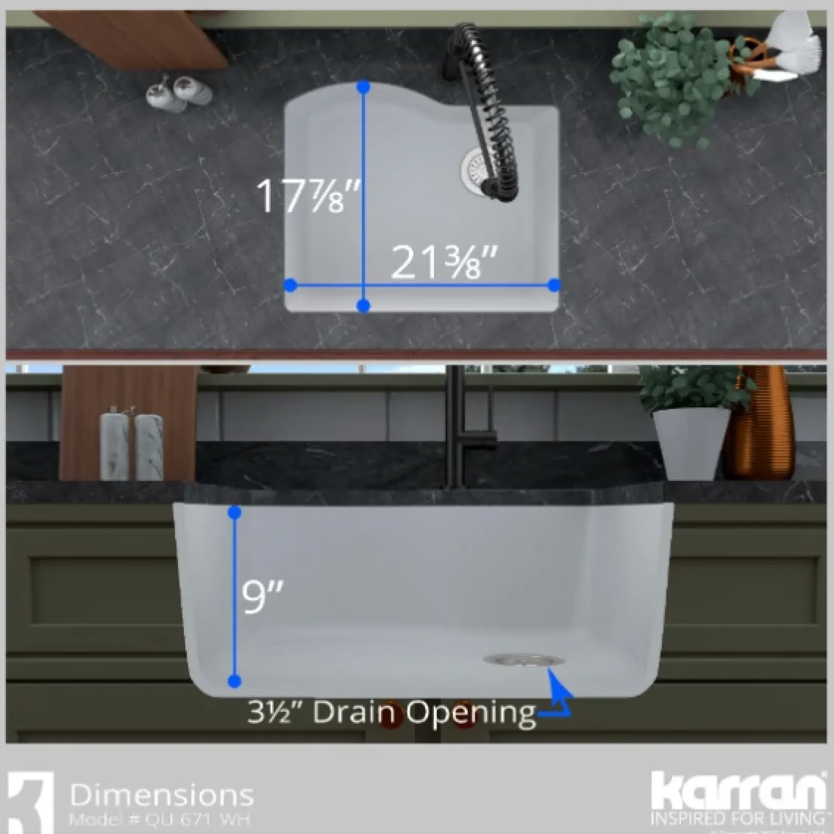 Karran 24" Undermount Quartz Composite Kitchen Sink, White, QU-671-WH