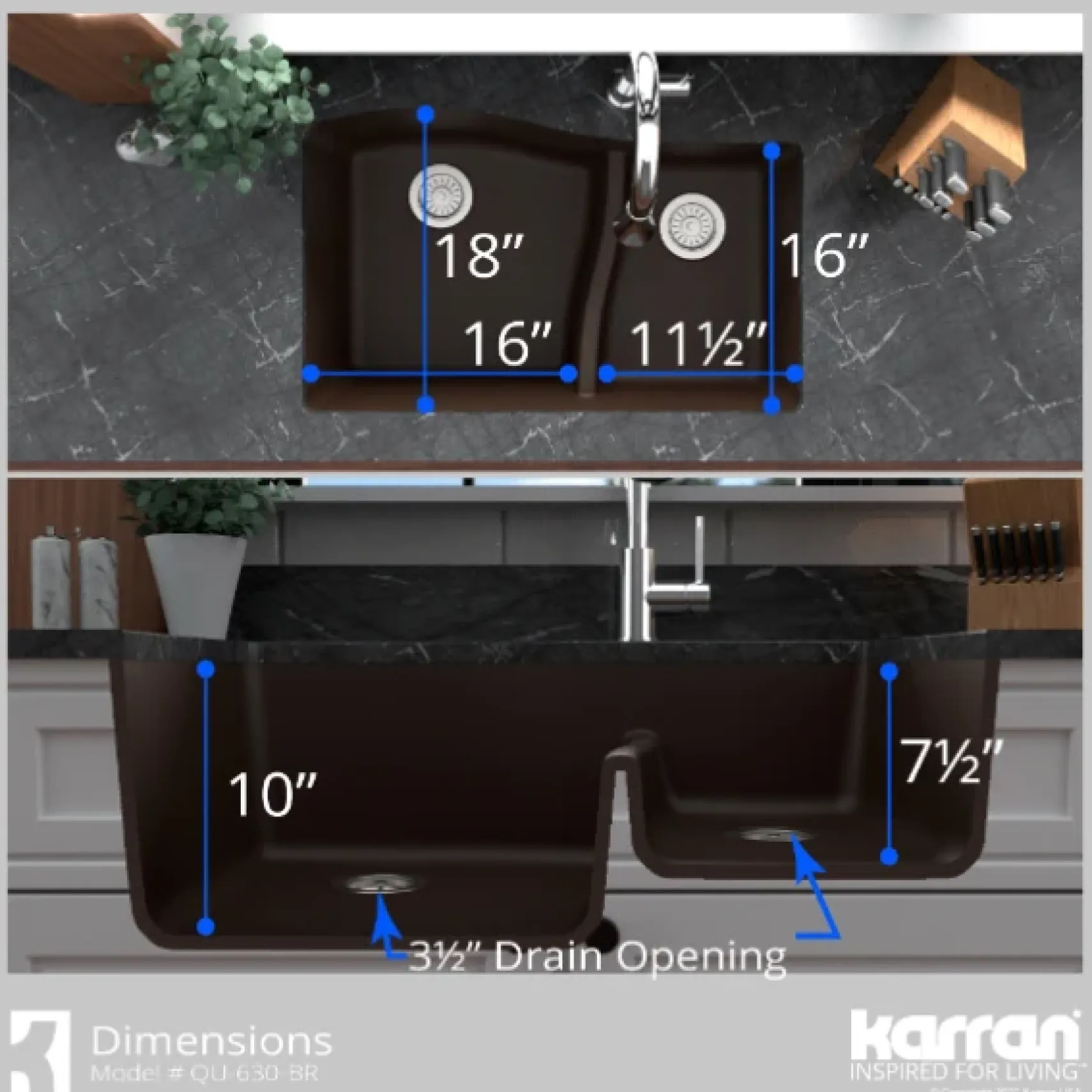Karran 32" Undermount Quartz Composite Kitchen Sink, 60/40 Double Bowl, Brown, QU-630-BR