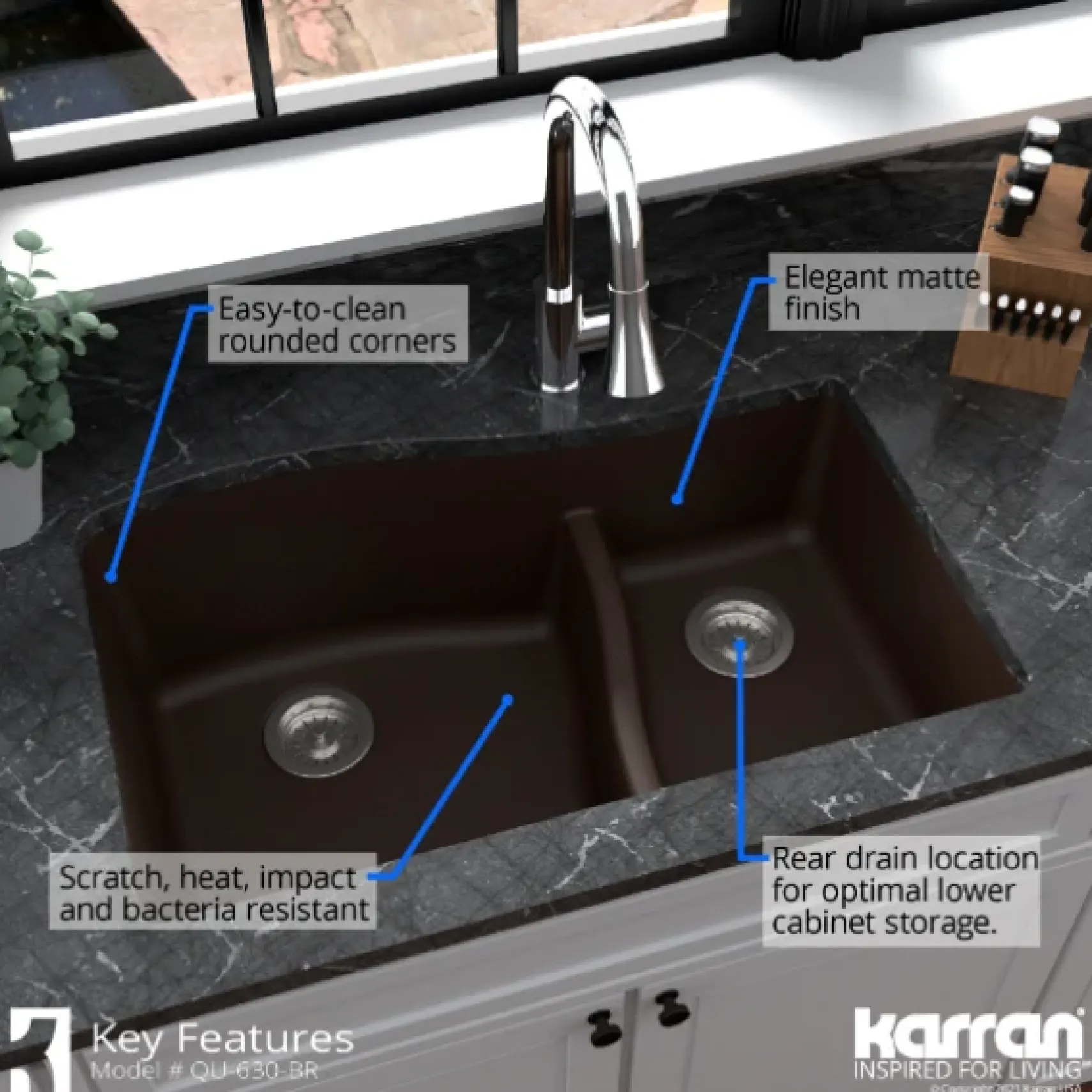 Karran 32" Undermount Quartz Composite Kitchen Sink, 60/40 Double Bowl, Brown, QU-630-BR
