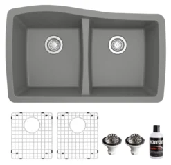 Karran 34" Undermount Quartz Composite Kitchen Sink with Accessories, 50/50 Double Bowl, Grey, QU-720-GR-PK1