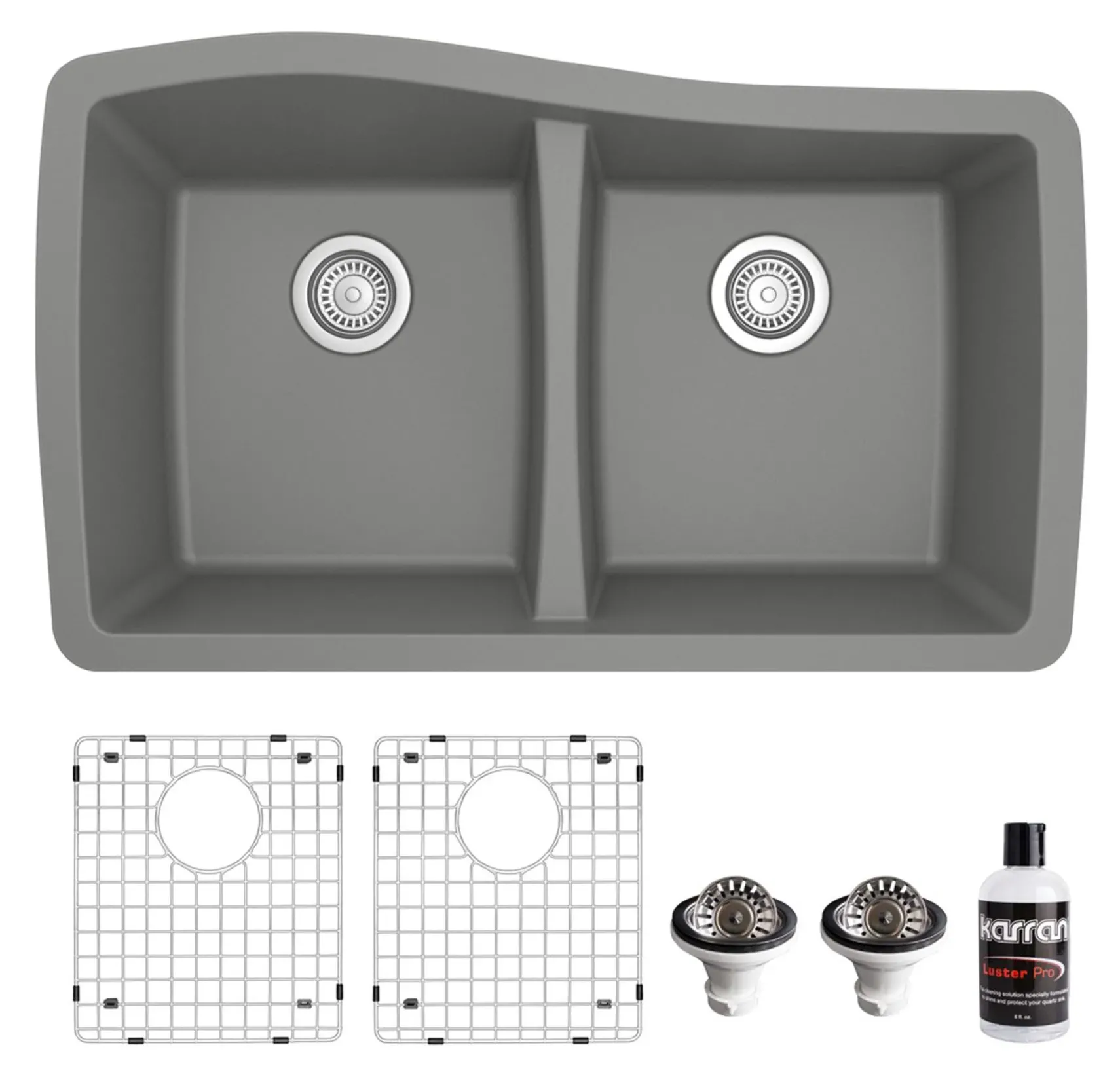 Karran 34" Undermount Quartz Composite Kitchen Sink with Accessories, 50/50 Double Bowl, Grey, QU-720-GR-PK1