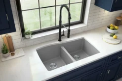 Karran 34" Undermount Quartz Composite Kitchen Sink with Accessories, 50/50 Double Bowl, Grey, QU-720-GR-PK1