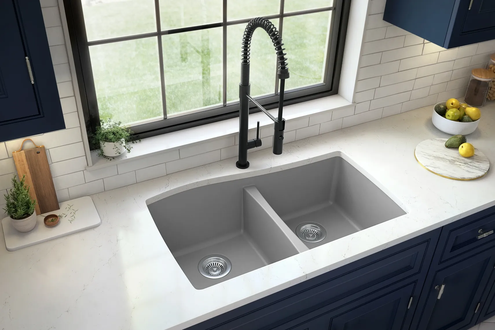 Karran 34" Undermount Quartz Composite Kitchen Sink with Accessories, 50/50 Double Bowl, Grey, QU-720-GR-PK1